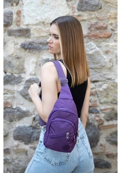 Newish Polo Kadın Krinkıl Kumaş Bodybag Çapraz Göğüs Ve Omuz Çantası New126 - Mor