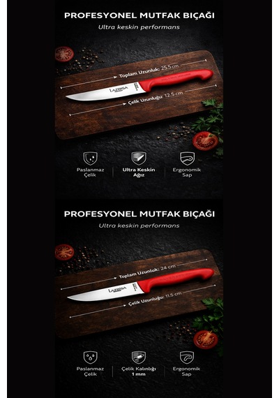 Lazbisa MFP-001 Silver Pro Serisi Mutfak Bıçak Seti 10 Parça Et Ekmek Sebze Soğan Börek Bıçağı Satırı Kırmızı