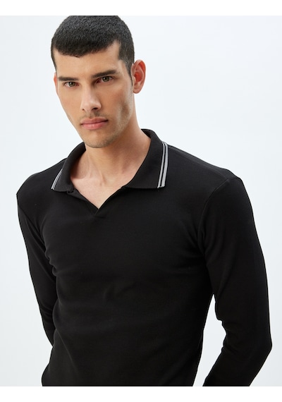 Koton Slim Fit Tişört Uzun Kollu V Yaka Polo Pamuklu Siyah 5wam10197hk Siyah