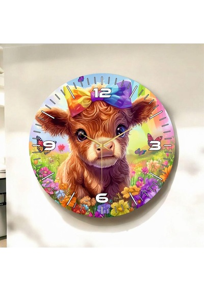 AA Shop Renkli Baskı İnek Çocuk Desenli Sayılı Hediyelik Ahşap Sessiz Duvar Saati 50cm ÇOk Renkli