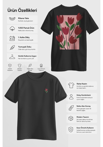 Spoyi Lale Bahçesi Tasarımlı %100 Pamuk Yarım Oversize Siyah T-shirt