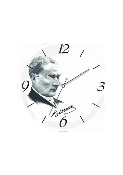 Atatürk Portre Sessiz Akar Bombeli Gerçek Cam Duvar Saati Beyaz - Siyah