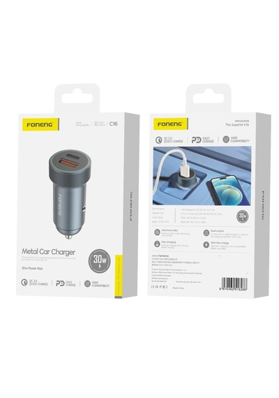 Foneng C16 Qc3.0 30W 1xusb 1xtype-C Girişli Araç içi Çakmak Hızlı Şarj Aleti