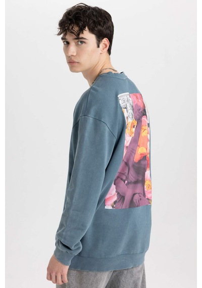 DeFacto Comfort Regular Fit Rahat Kalıp Bisiklet Yaka Sırt Baskılı Yıkamalı Soluk Efektli Sweatshirt - C1664AX24SPIN212