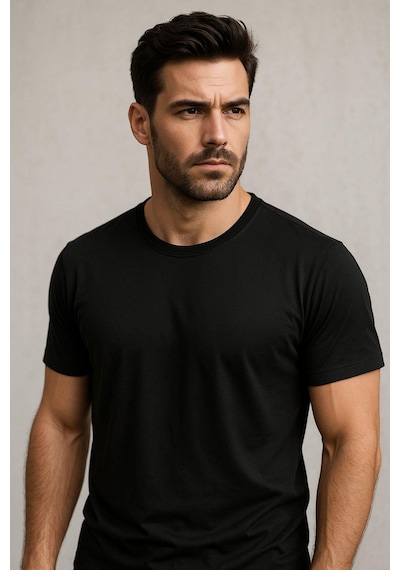 Rich Erkek %100 Pamuk Slim Fit Tişört Basic Bisiklet Yaka Kısa Kollu T-shirt SIYAH