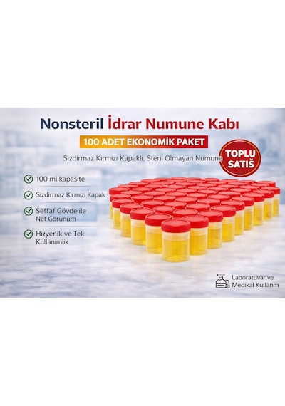 Nonsteril İdrar Numune Kabı 100 Ml Sızdırmaz Kapaklı Steril Olmayan Numune Kabı Laboratuvar Ve Medikal Kullanım 100 Adet