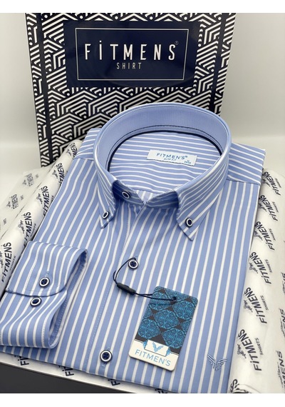 Slim Fit Uzun Kol Premium Kalın Çizgili Yaka Düğmeli Hediye Kutulu Kolay Ütülenebilir Erkek Gömlek Fs-001375 - Açık Mavi-1495 Açik Mavi