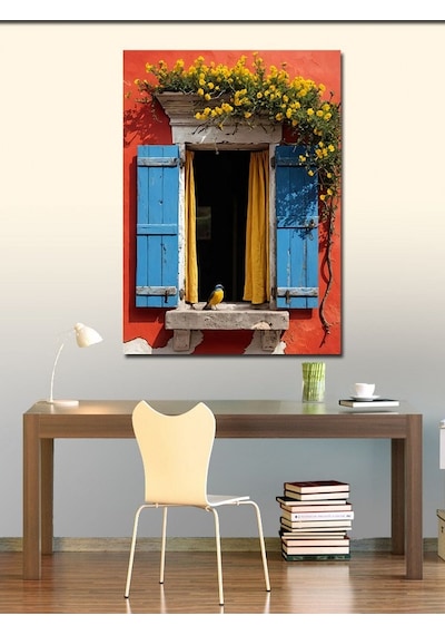 Kanvas Tablo Mavi Pencere Ve Çiçekler 50cmx70cm