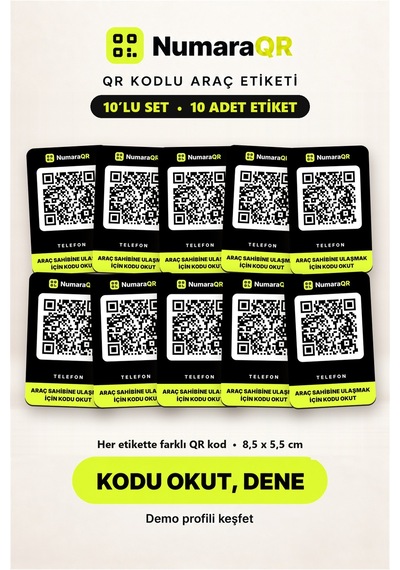 10 Lu Qr Kodlu Numaratör Seti Araç Ve Motosiklet Qr Etiket Park Numaratörü 8,5x5,5 Cm Siyah Numaraqr