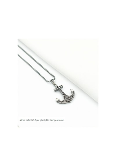 Brezza Lusso Jewelry Siyah Taşlı Çapa Model Erkek Gümüş Kolye Gümüş