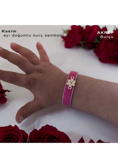 Akrep Burçlarına Çiçek Motifli Doğal Pembe Derili 14 Ayar Altın Plakalı Hediye Bileklik-383burç Akrep Akrep Burçlarına Çiçek Motifli Doğal Pembe Derili 14 Ayar Altın Plakalı Hediye Bileklik-383burç Akrep
