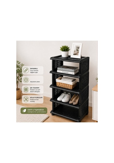 5 Raflı Ayakkabılık Siyah Çok Amaçlı Düzenleyici Raf, Antre & Banyo Organizer Siyah