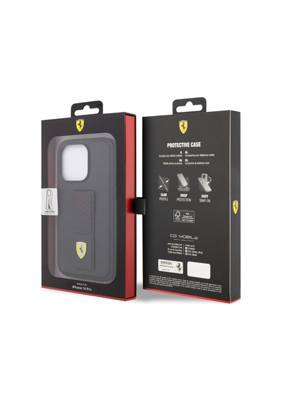 Apple Uyumlu iPhone 14 Pro Kılıf Ferrari Lisanlı Klasik Metal Logolu Delikli Standlı Deri Kapak Siyah