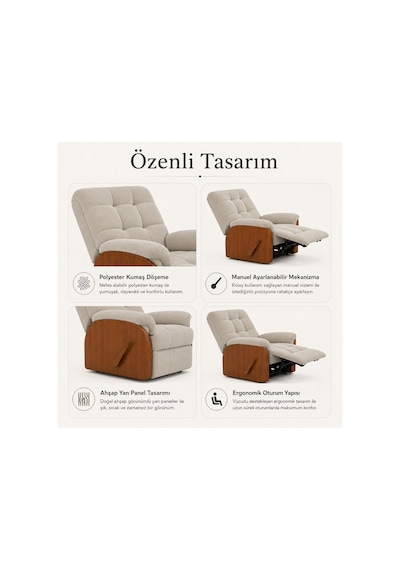 Smarto Relax Ticino Manuel Mekanizmalı Ayak Uzatmalı Ahşap Yan Panelli Polyester Tv Koltuğu Baba Koltuğu Ekru