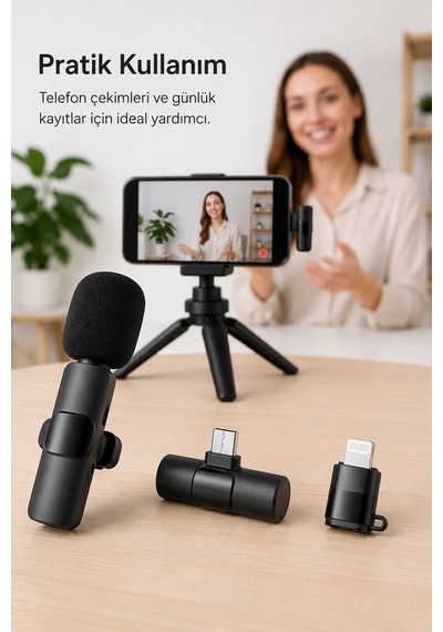 Kablosuz Yaka Mikrofonu Usb-c Ve Lightning Uyumlu Tak Çalıştır Telefon Kayıt Mikrofonu