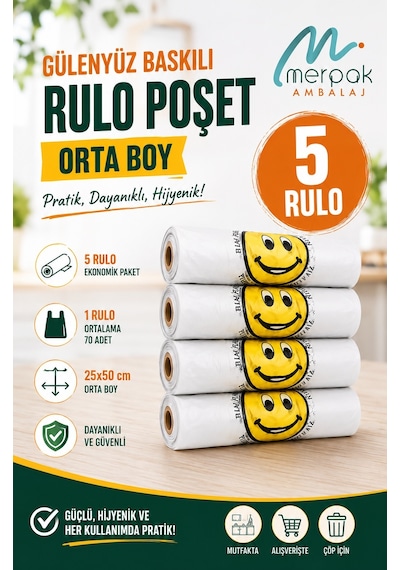 Gülenyüz Rulo Poşet Orta Boy X5 Baskılı Rulo Baskılı Market Manav Poşeti Çöp Torbası