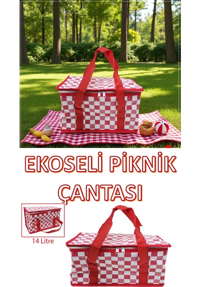 Termos Çanta Ekoseli 14 Litre Piknik Çantası Beyaz - Kırmızı