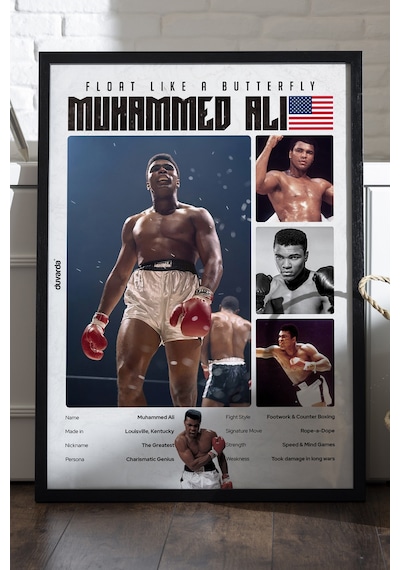 Muhammed Ali Boks Siyah Ahşap Çerçeveli Poster, Dekoratif Dövüş Duvar Tablosu