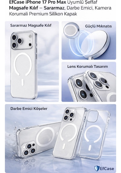 Apple Uyumlu iPhone 17 Pro Max Uyumlu Şeffaf Magsafe Kılıf Sararmaz, Darbe Emici, Premium Silikon Kapak Beyaz