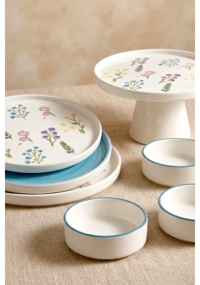 11 Parça 6 Kişilik Botanical Stackable Kahvaltı Takımı - Lüx Kahvaltılık Sunum Seti Tabağı Beyaz