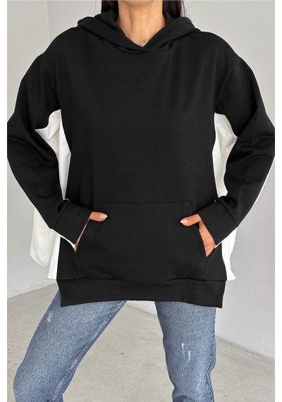 Femelle Kadın Siyah Standart Beden Oversize Kalıp Cepli Tasarım Sweatshirt