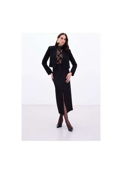 Sateen Yırtmaçlı Midi Etek - Siyah-136986 Siyah