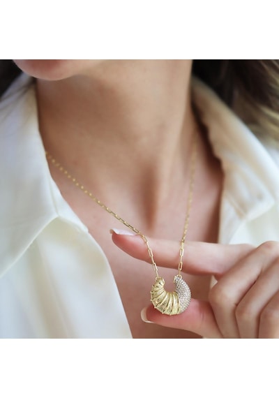 Kruvasan Gold Zirkon Taşlı Gümüş Kolye Gümüş