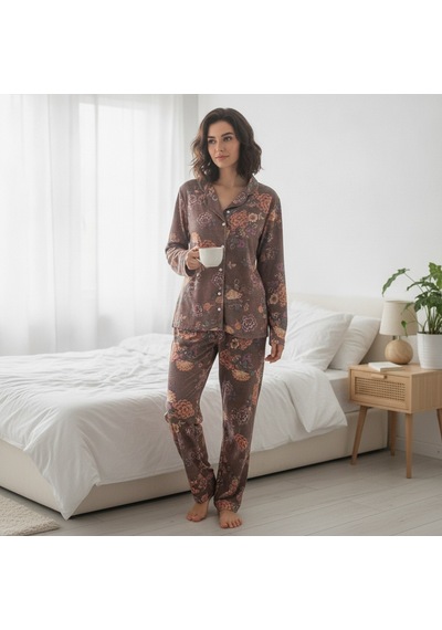 Bonbon Kadın Giyim Önden Düğmeli Baskılı Pijama Takımı Bb2671 Çok Renkli