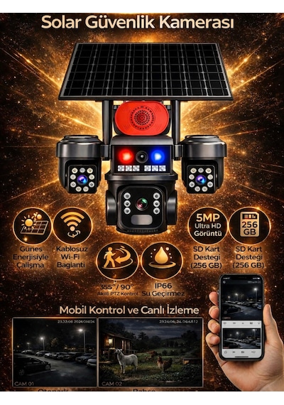 Harvox Solar Güneş Enerjili İnsan Takibi 15mp 3 Lens 4g Akıllı Kamera Sirenli
