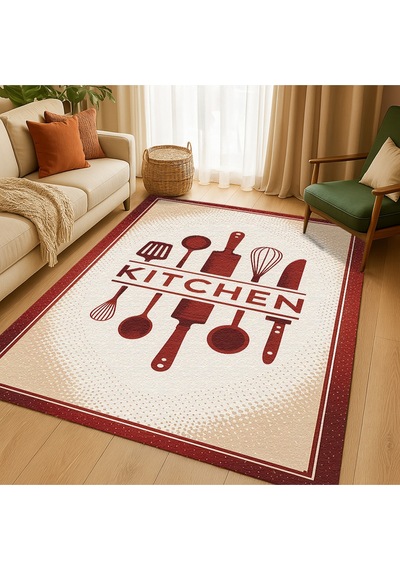 Turkıshrug Kıngdom Bordo Kitchen Yazılı Mutfak Halısı Dijital Baskılı, Kolay Temizlenir Çok Renkli
