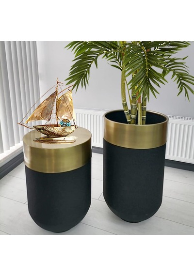 Dekoratif Eskitme Darbuka Siyah Saksı 70 Cm+Sehpa 60 Cm (Ikili Se