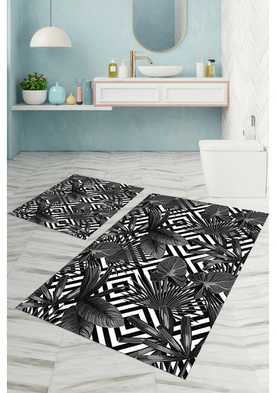 Buççin Online Mağaza Dijital Baskılı Yıkanabilir Klasik Çiçek Desenli Banyo Paspası Klozet Takımı Polyester Gri Çok Renkli