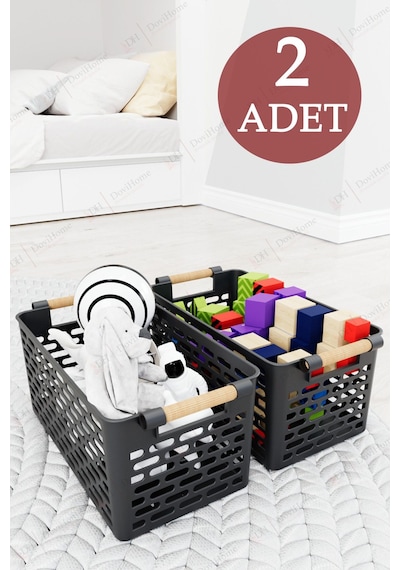 2 Adet Ahşap Saplı Görünüm Siyah Renk Plastik Mutfak Banyo Eşya Organizer Sepet Düzenleyici Set Siyah