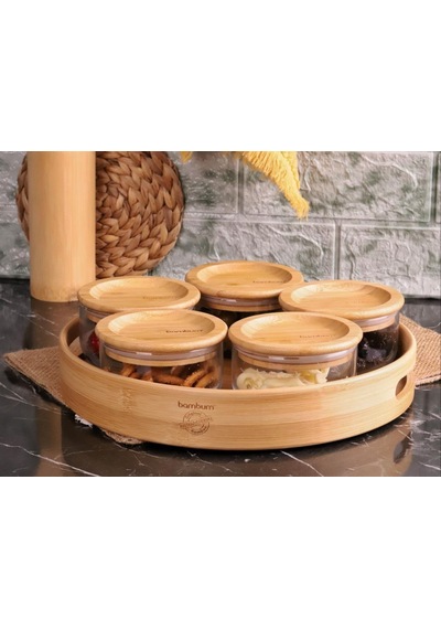 Bambum Duo 300ml 5'li Tepsili Bambu Silikonlu Kapaklı Hava Aldırmaz Cam Kahvaltılık