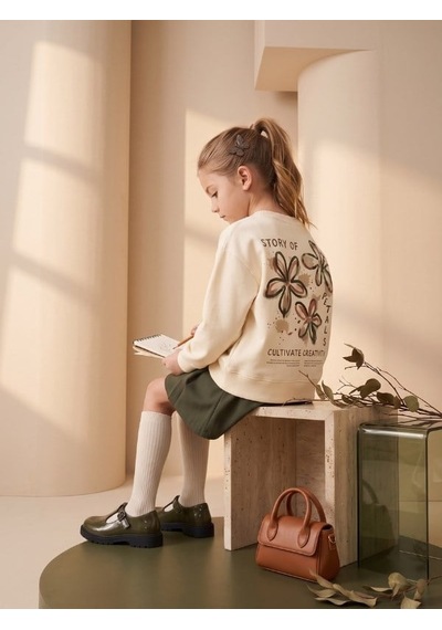 Zekids Kız Çocuk Ekru Çiçek Baskılı Bisiklet Yaka Tasarım Sweatshirt-17444 KREM