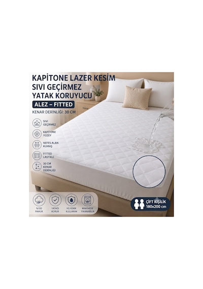 Lazer Kesim Kapitone Sıvı Geçirmez Yatak Alezi Yatak Koruyucu Battal Bot 180x200 Beyaz