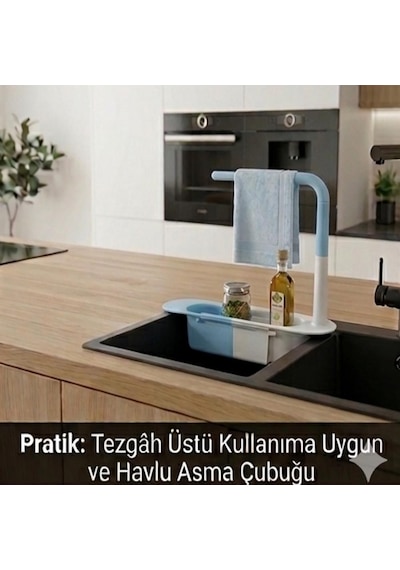 Cx7evy02 Teleskopik Evye Düzenleyici Ayarlanabilir Lavabo Organizer Sepetli Raf Mavi