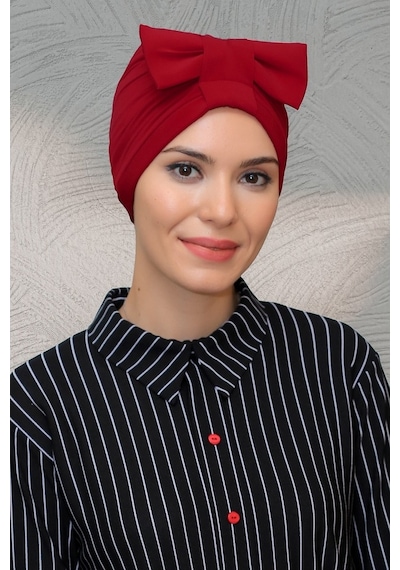 Hürrem Bone Kırmızı Pratik Hazır Geçmeli Tesettür Bone Sandy Kumaş Fiyonklu B Kırmızı
