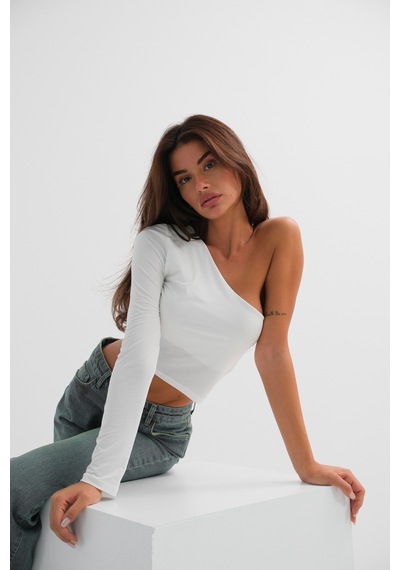 Ckm Moda Sage Yüksek Kalite Kadın Asimetrik Tek Omuz Crop Top Beyaz