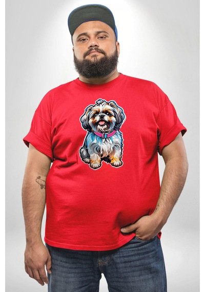 Angemiel Shih Tzu Renkli Köpek Kırmızı Büyük Beden Erkek Kadın Unisex Basic Ön Baskılı Tişört Kırmızı