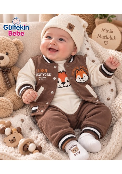 Mini Pakel Tilki Nakışlı Erkek Üçlü Takım 3-9 Aylık -dü1546333 - Kahverengi