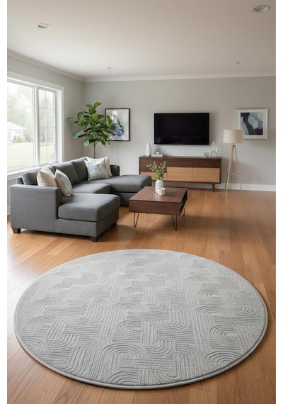 Raschel Carpet Premium Yuvarlak Yıkanabilir Leke Tutmaz Emboss Bohem Halı Özel Seri Kaymaz Taban Halı Gümüş