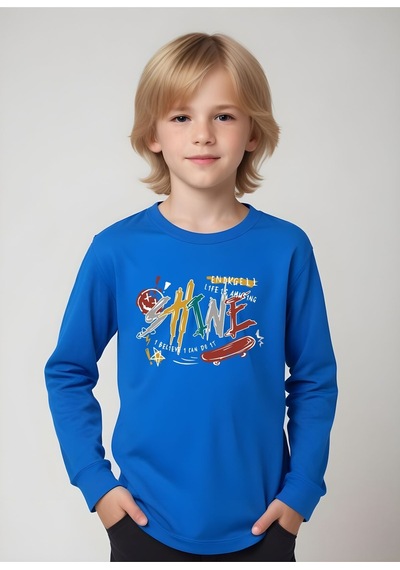 Panios Kids Shine Baskılı Erkek Çocuk Yuvarlak Yaka Mavi Sweatshirt Mavi