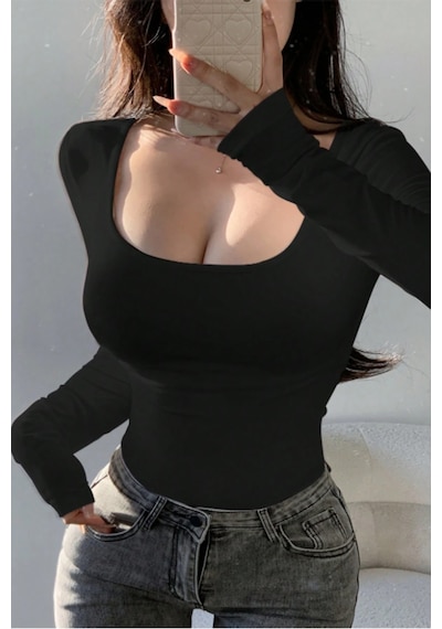 Kadın Siyah Kare Yaka Uzun Kollu Esnek Body Günlük & Şık Slim Fit Basic Bluz Siyah