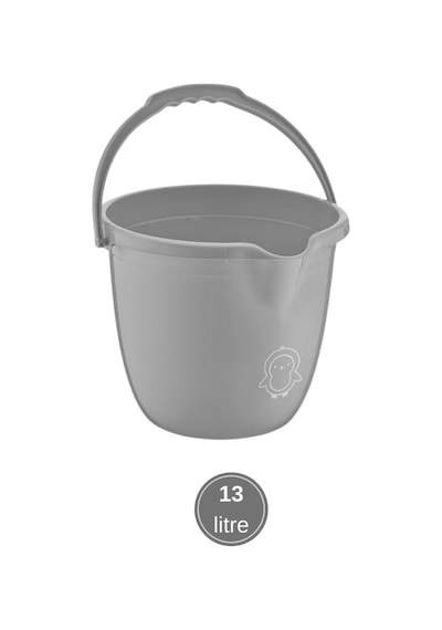 2 Li Bebek Banyo Su Kovası Ve Maşrapası Seti, Saplı Oluklu Kova 13lt Ve Maşrapa 1,5lt Set Gri Gri