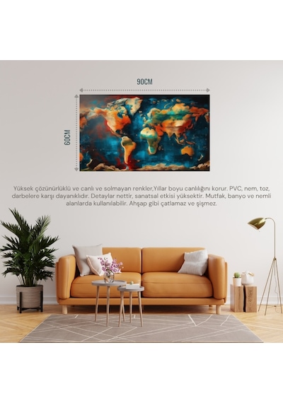 Dünya Harita Tablosu 01 Çerçevesiz 90x60cm Pvc Tablo