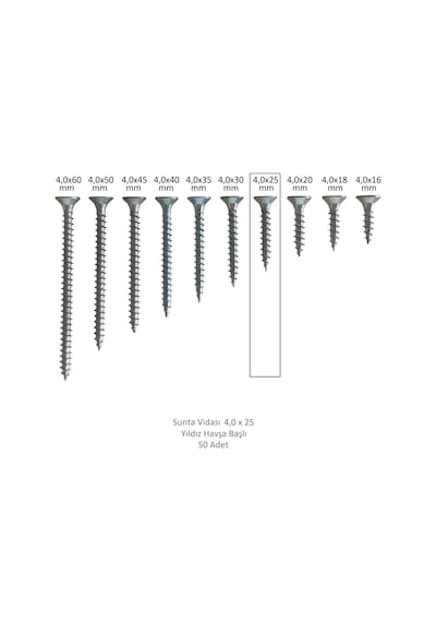 Adilon Sunta Vidası, 4,0 X 25 Mm, 50 Adet, Yhb Vida 4 x 25