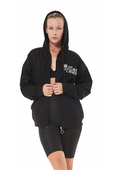 Siyah Kanguru Cep Nfl Baskılı Fermuarlı Sweatshirt Siyah