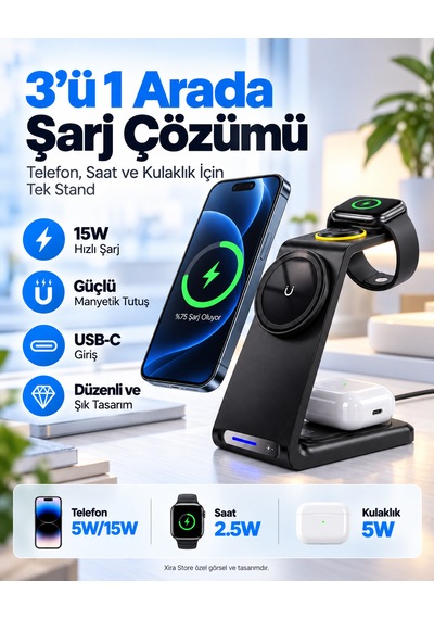 3 Ü 1 Arada 15w Manyetik Kablosuz Şarj Standı Telefon Akıllı Saat Ve Kulaklık Uyumlu Usb-c