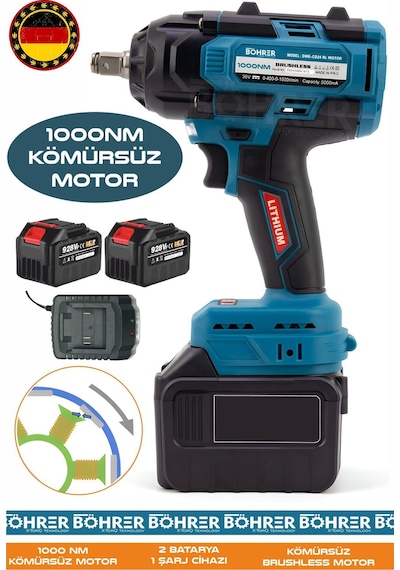 Böhrer Alman 8208 V598 Akülü 1000NM Darbeli Somun Sıkma Makinesi + 15 Pilli 5AH 15C